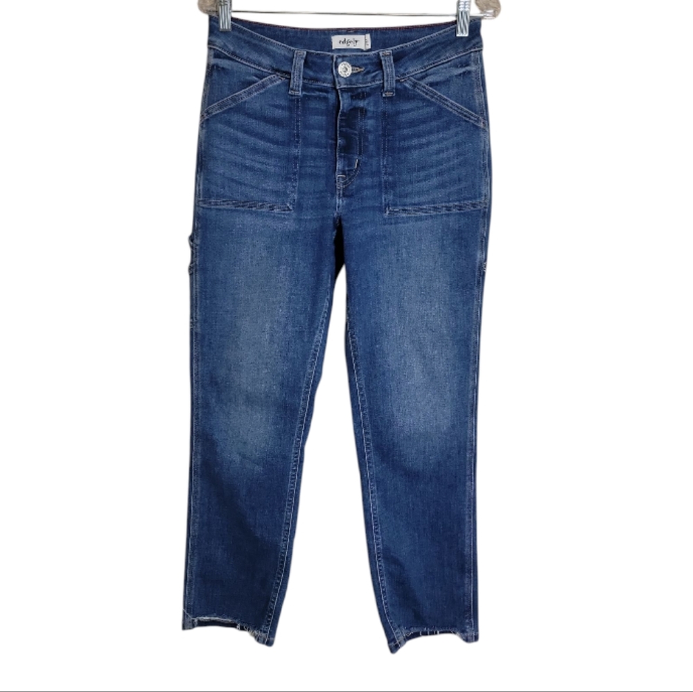 Edgely slim straight ankle jeans high waisted blue denim raw hem women's size 8
